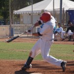 Palm Springs Chill first-baseman Mike Olsen drives in two with a single in the third inning on Saturday.