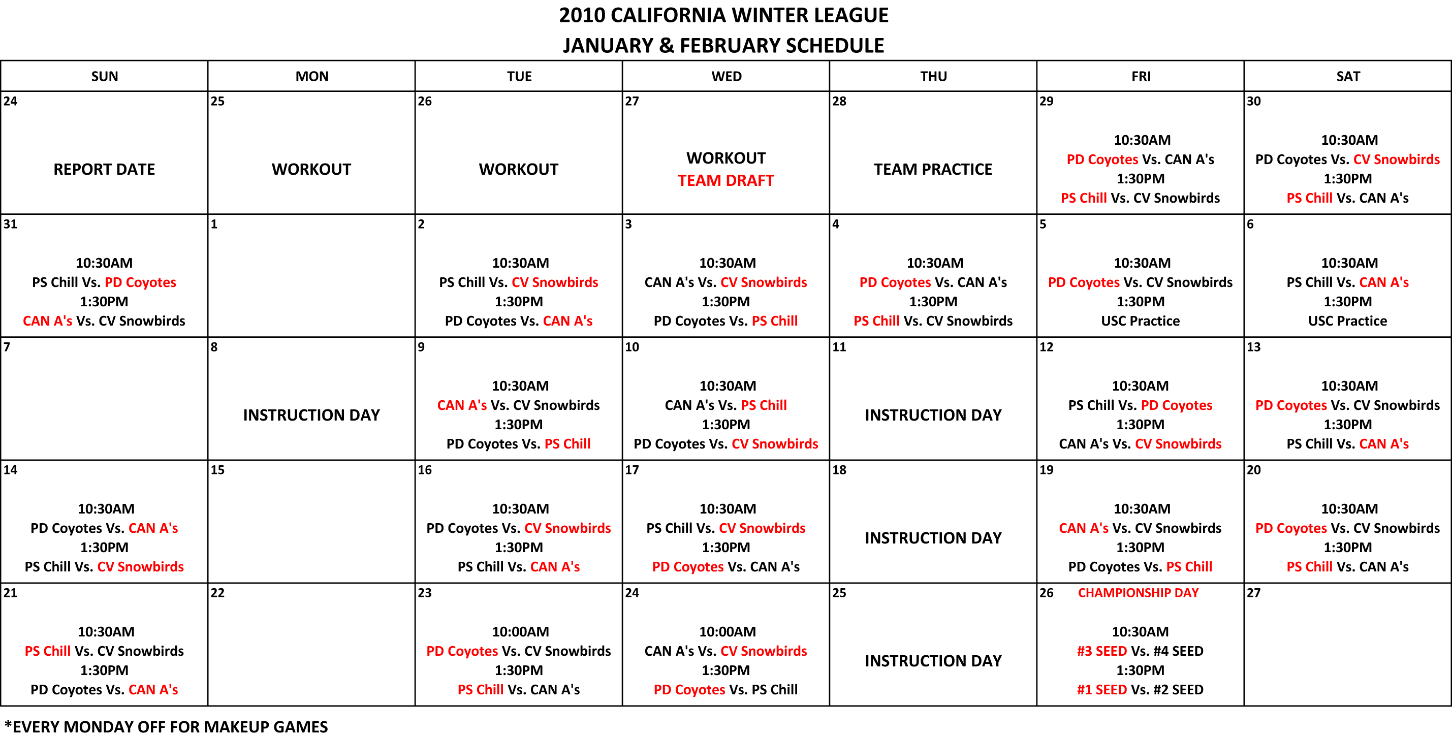 2010 CWL Schedule California Winter League